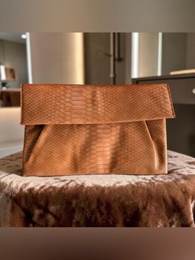Brown Textured Fold-Over Clutch Bag